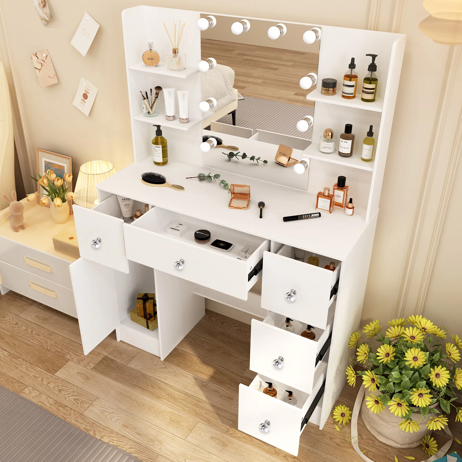 Large Dressing Table and Stool Set with LED Mirror 5 Drawers Makeup Desk Vanity