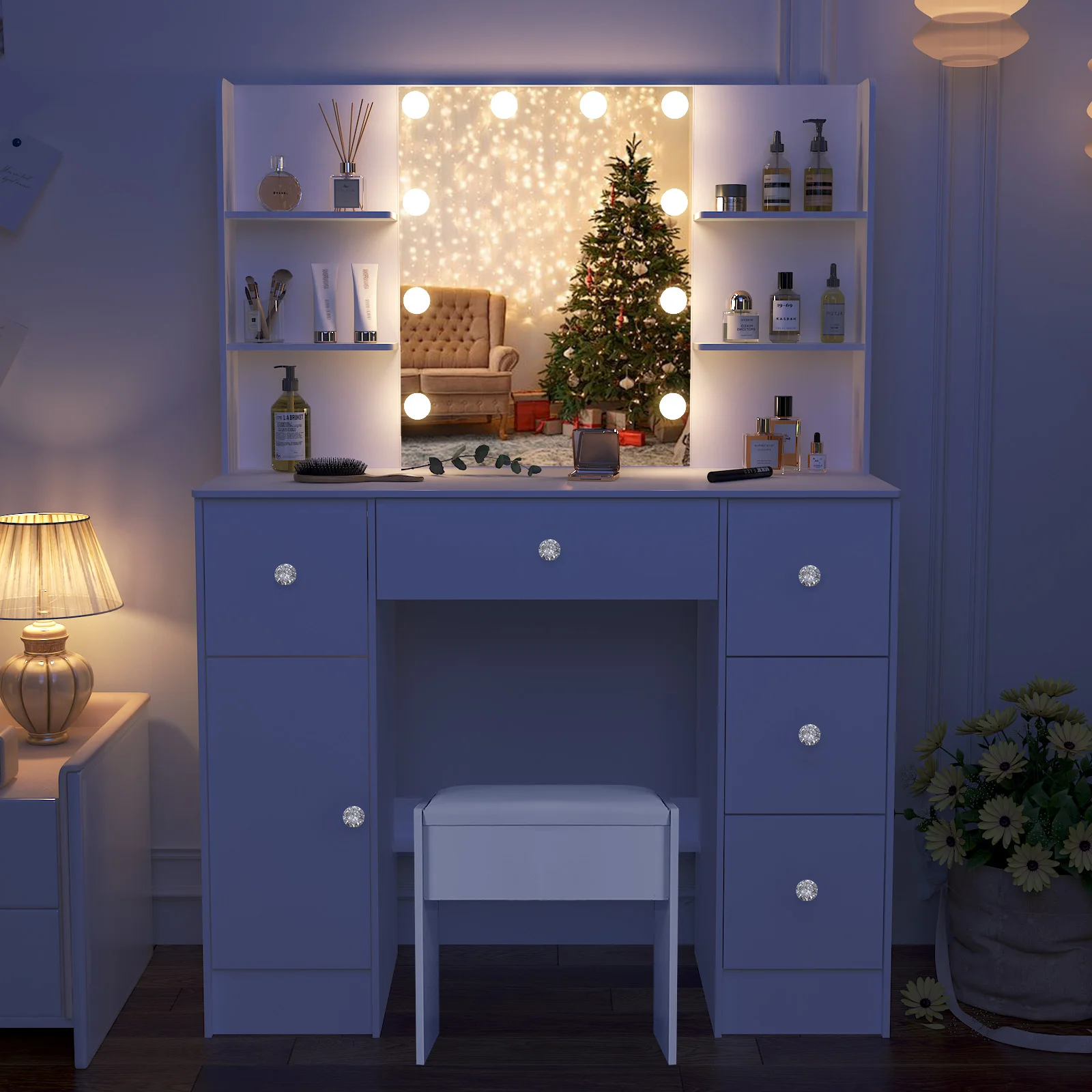 Large Dressing Table and Stool Set with LED Mirror 5 Drawers Makeup Desk Vanity