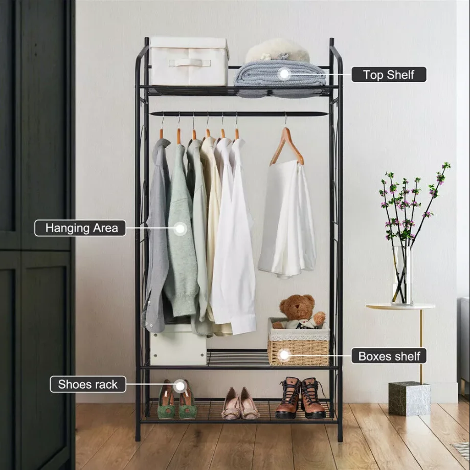 Heavy Duty Metal Garment Rack Stand - Freestanding Shoe And Clothes Storage with Shelves - Horizontal Hanging Rail