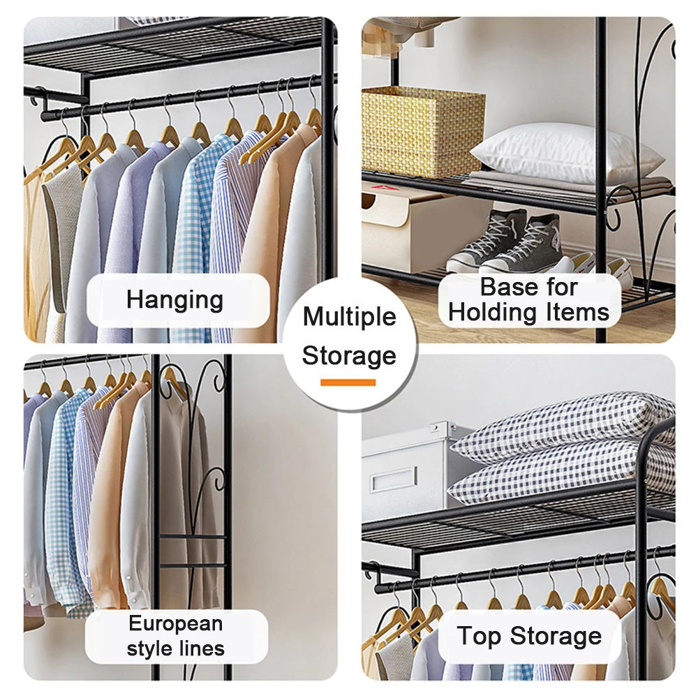 Heavy Duty Metal Garment Rack Stand - Freestanding Shoe And Clothes Storage with Shelves - Horizontal Hanging Rail