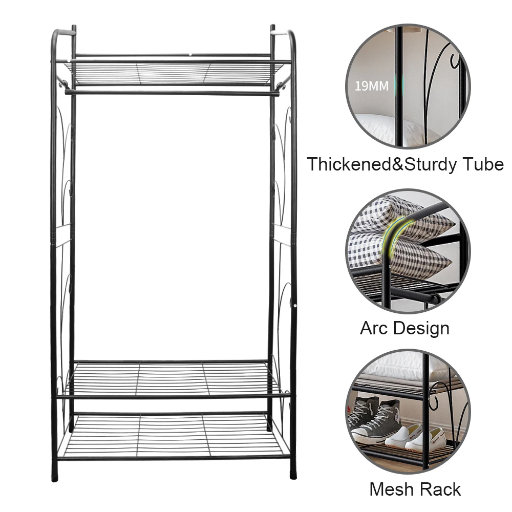 Heavy Duty Metal Garment Rack Stand - Freestanding Shoe And Clothes Storage with Shelves - Horizontal Hanging Rail