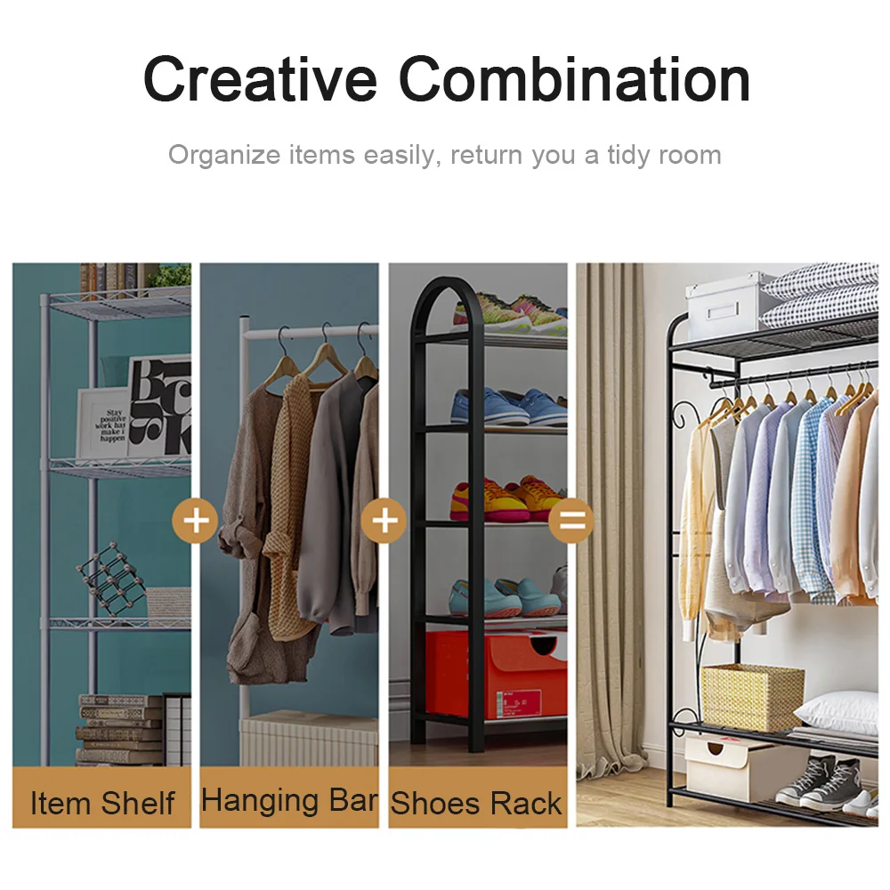 Heavy Duty Metal Garment Rack Stand - Freestanding Shoe And Clothes Storage with Shelves - Horizontal Hanging Rail