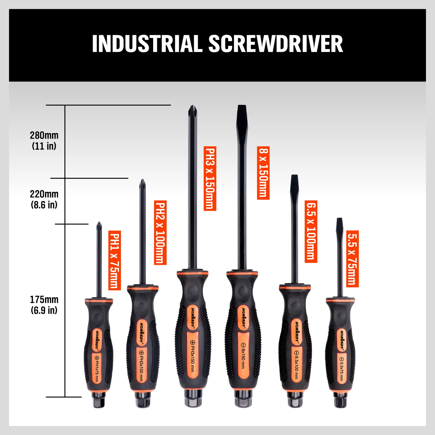 HORUSDY 6Pc Thru Screwdriver Set Hammer Impact Hex Magnetic Tips Rubber Grip Handle CRV