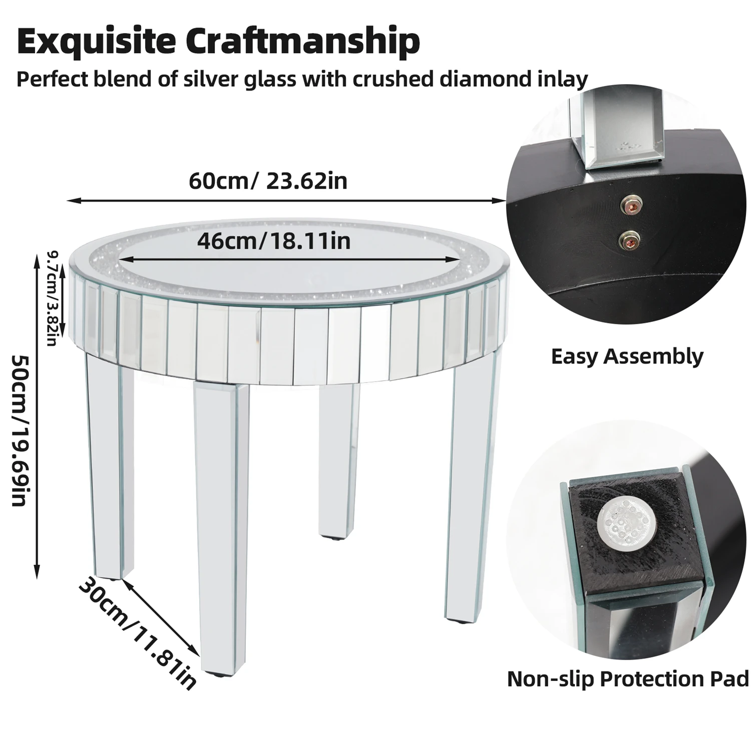 Crushed Crystal Round Coffee Table Glitz Sparkle Diamond Sofa Side Accent Table Bedside Table