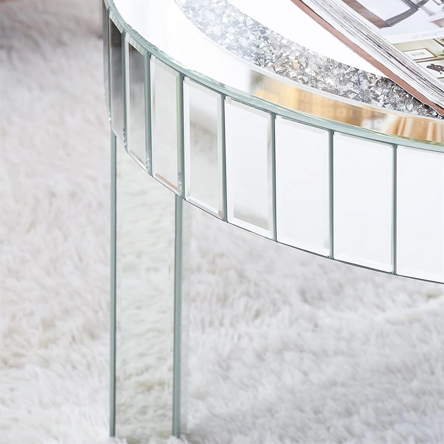 Crushed Crystal Round Coffee Table Glitz Sparkle Diamond Sofa Side Accent Table Bedside Table