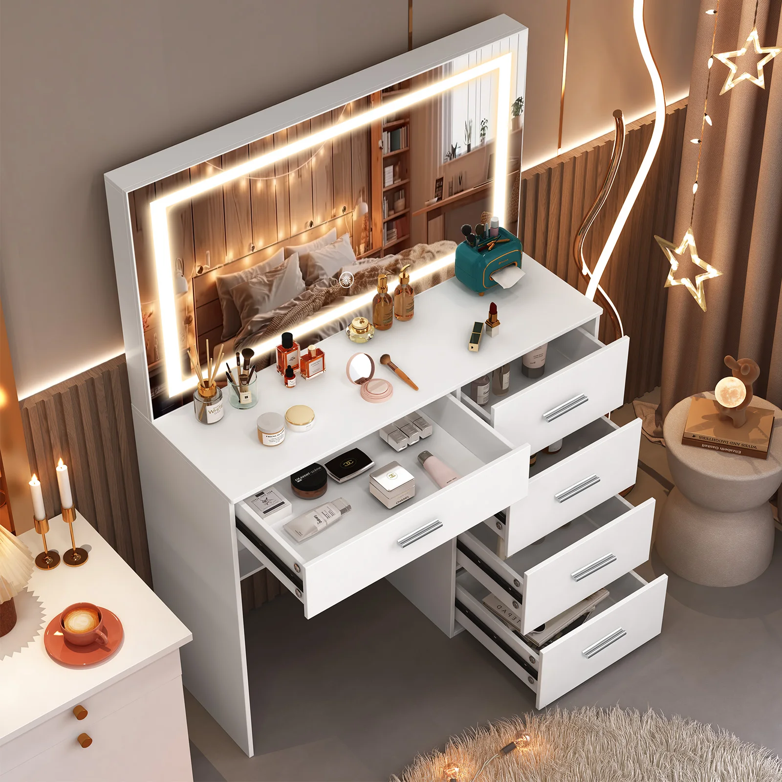 Teousev Modern White Makeup Vanity Dressing Table Set Hollywood LED Bulbs Large 3 Color Dimmable Mirror 5 Drawers Easy Assembly
