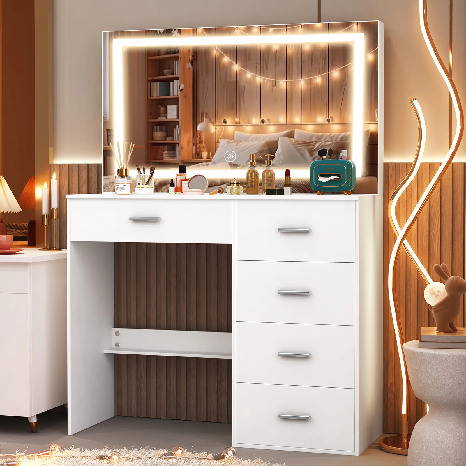 Teousev Modern White Makeup Vanity Dressing Table Set Hollywood LED Bulbs Large 3 Color Dimmable Mirror 5 Drawers Easy Assembly
