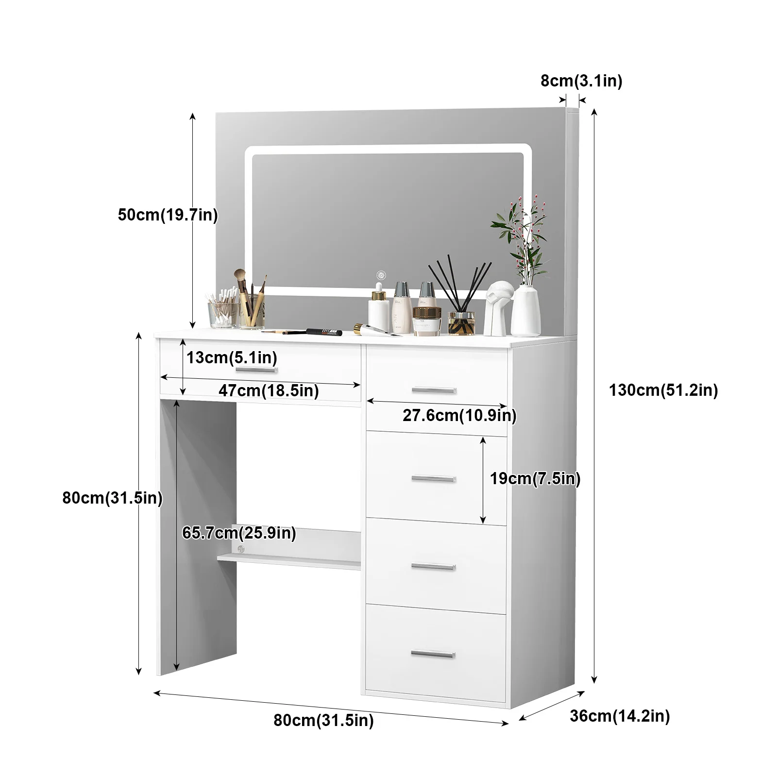Teousev Modern White Makeup Vanity Dressing Table Set Hollywood LED Bulbs Large 3 Color Dimmable Mirror 5 Drawers Easy Assembly