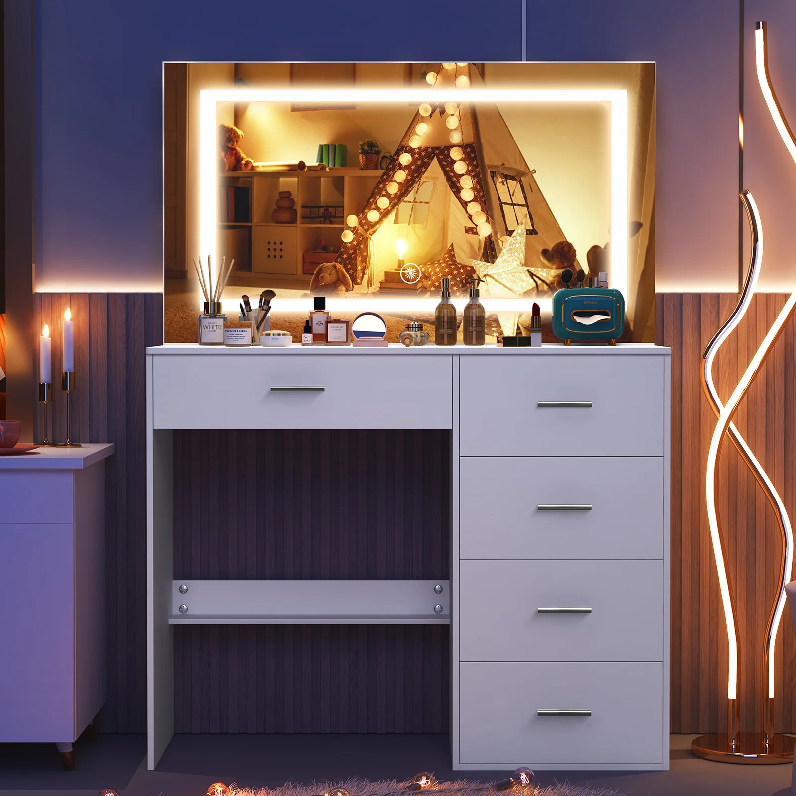 Teousev Modern White Makeup Vanity Dressing Table Set Hollywood LED Bulbs Large 3 Color Dimmable Mirror 5 Drawers Easy Assembly