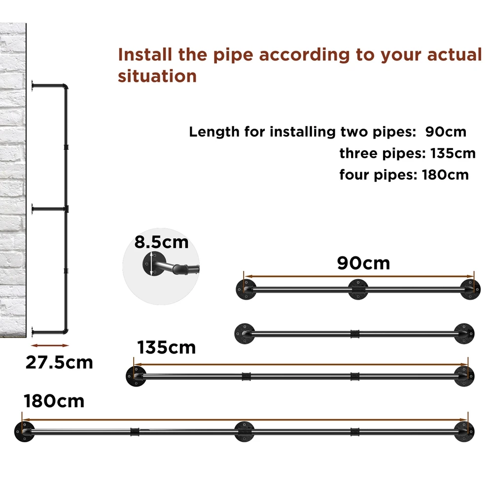 Wall Mounted Industrial Pipe Clothes Rack Bedroom Hanging Garment Rail Rack Space Saving Shelf