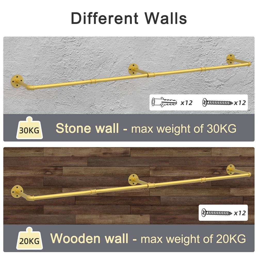 Wall Mounted Industrial Pipe Clothes Rack Bedroom Hanging Garment Rail Rack Space Saving Shelf