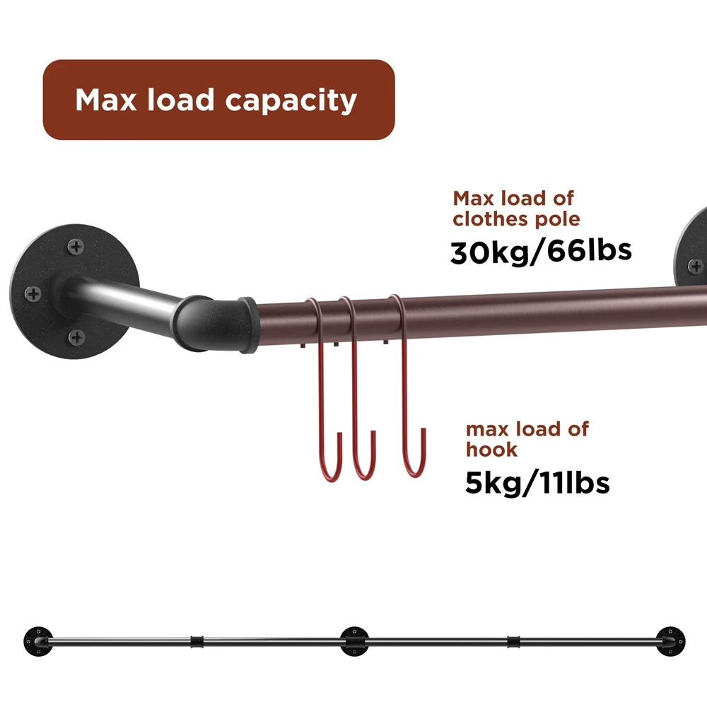 Wall Mounted Industrial Pipe Clothes Rack Bedroom Hanging Garment Rail Rack Space Saving Shelf