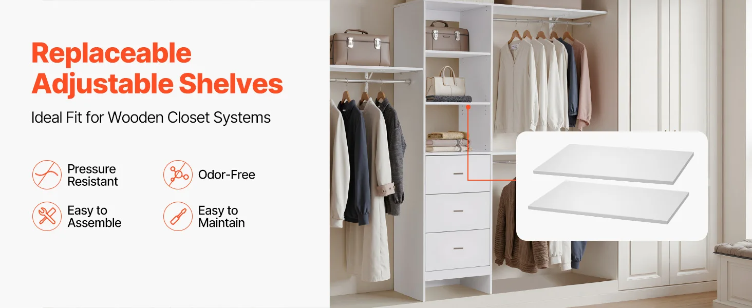 SucceBuy Melamine/Closet System Wooden Shelves Cut to Size 3/4/5 Retractable Hanger Rods Replacement Cabinet Shelf for Closets