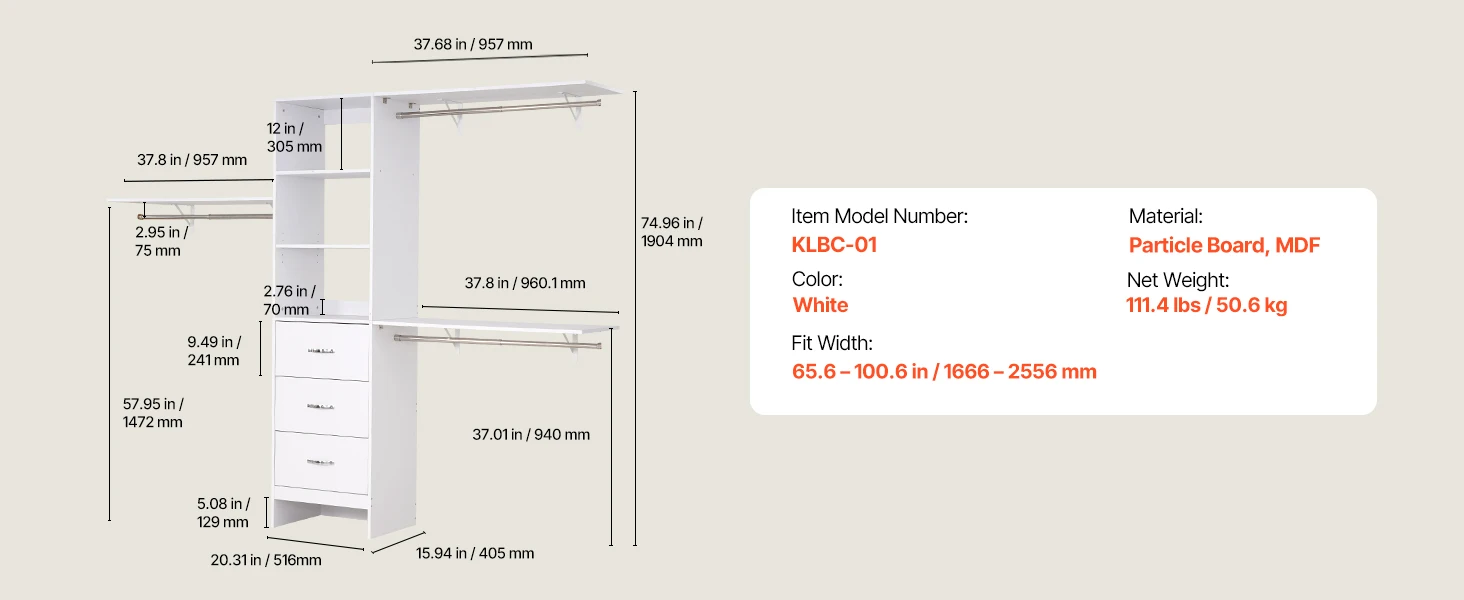 SucceBuy Melamine/Closet System Wooden Shelves Cut to Size 3/4/5 Retractable Hanger Rods Replacement Cabinet Shelf for Closets