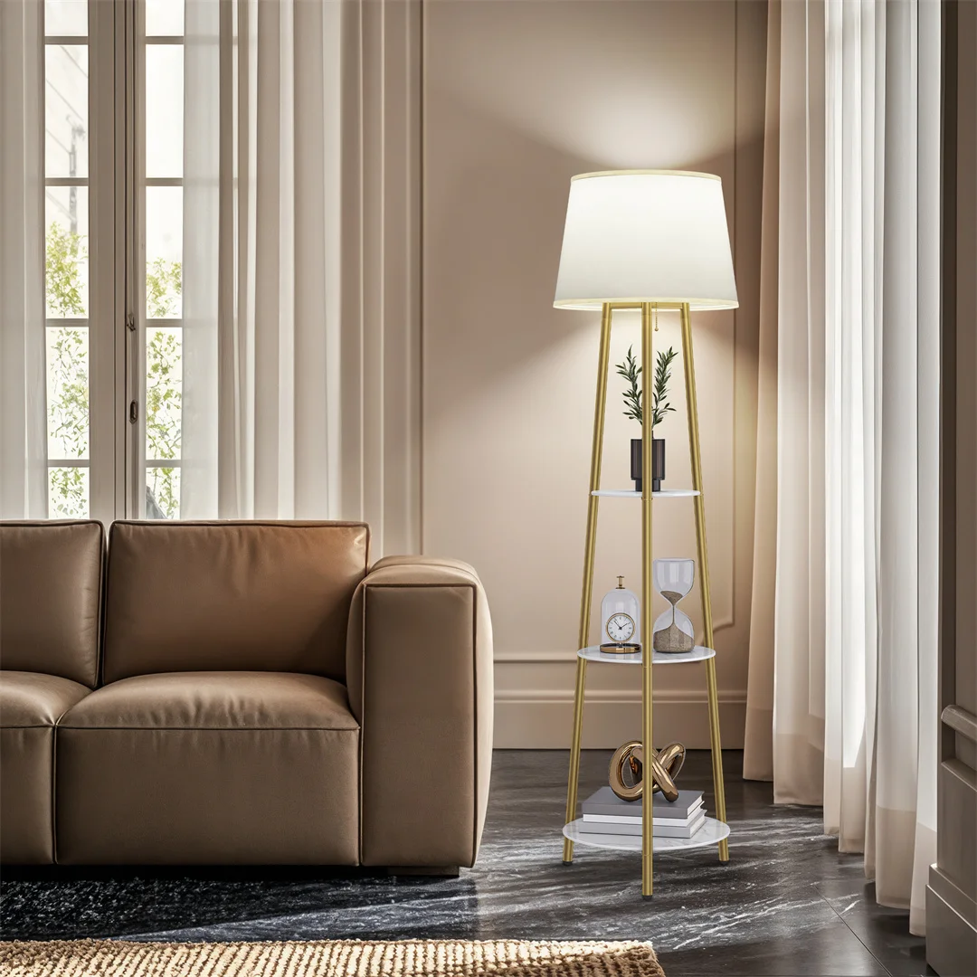 Modern Tripod Floor Lamp with 3 Shelves Adjustable Dimmable LED Corner Standing Lamp for Living Room Bedroom Storage