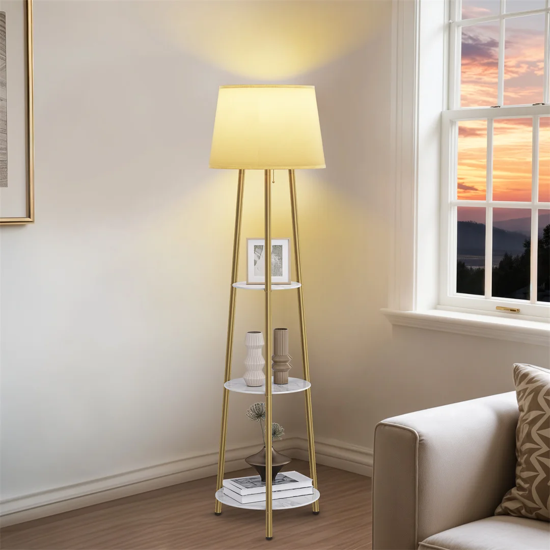 Modern Tripod Floor Lamp with 3 Shelves Adjustable Dimmable LED Corner Standing Lamp for Living Room Bedroom Storage