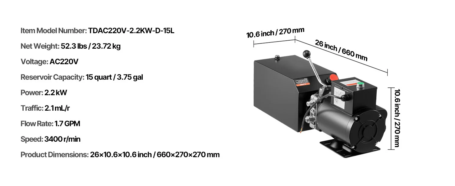 SucceBuy Hydraulic Pump Power Unit 10 Qt/15 Qt Single Acting Hydraulic Unit 6.3 L/min Oil Flow for Dump Truck Auto Repair Garage