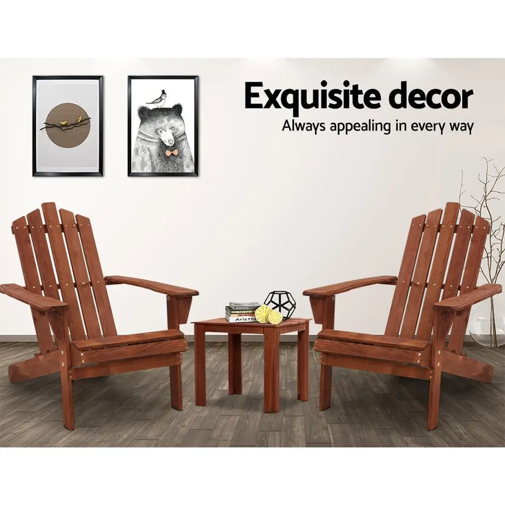 3 Piece Adirondack Outdoor Table and Chairs Wooden Beach Chair Set Brown