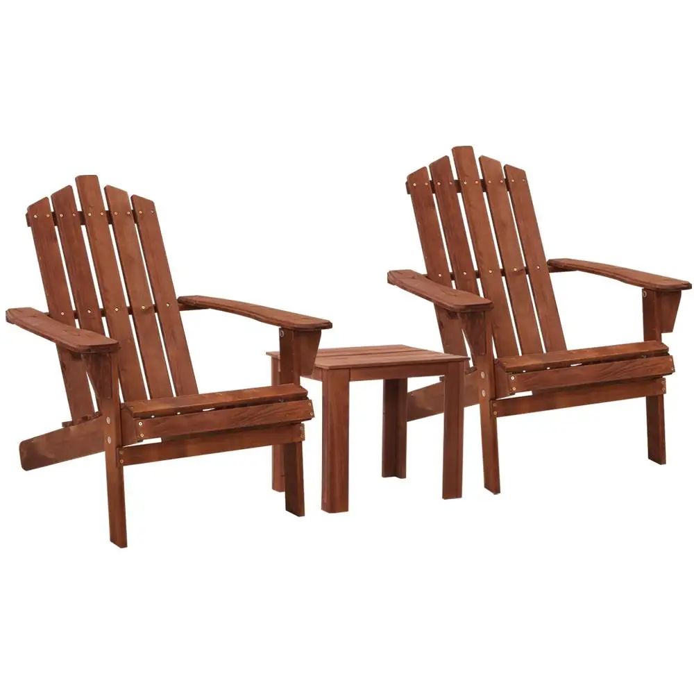 3 Piece Adirondack Outdoor Table and Chairs Wooden Beach Chair Set Brown