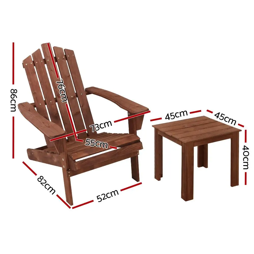 3 Piece Adirondack Outdoor Table and Chairs Wooden Beach Chair Set Brown