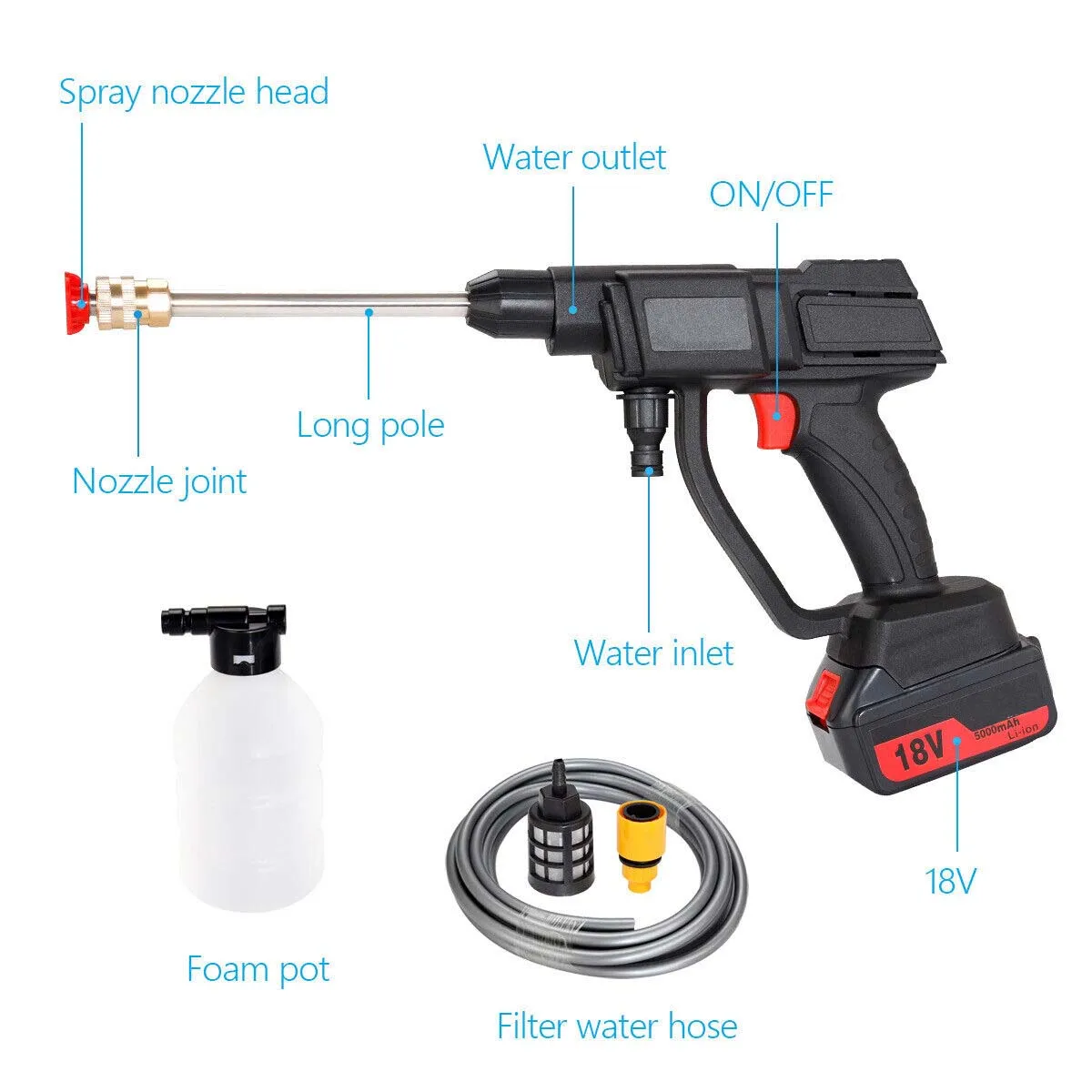 Cordless High Pressure Car Washer Water Gun Electric Spray Cleaner Foam Machine with 2 Battery