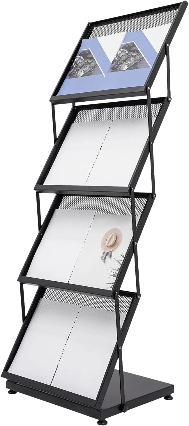 Foldable Magazine Rack,4 Tier A3 Literature Rack Brochure Display Stand Floor Magazine Rack for Exhibition, Office, Retail Store