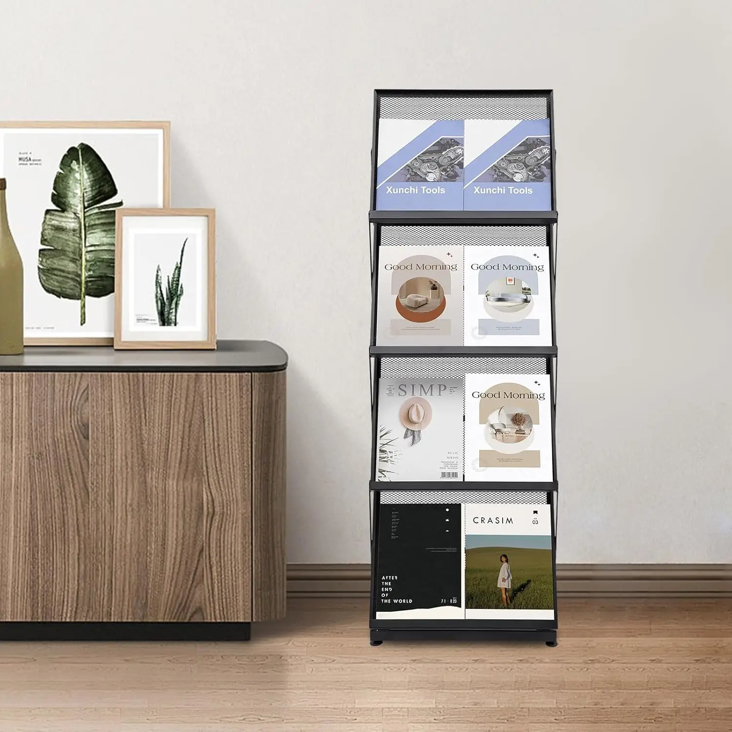 Foldable Magazine Rack,4 Tier A3 Literature Rack Brochure Display Stand Floor Magazine Rack for Exhibition, Office, Retail Store