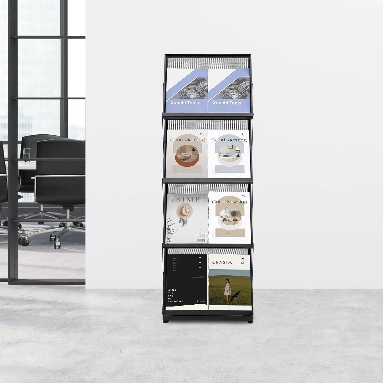Foldable Magazine Rack,4 Tier A3 Literature Rack Brochure Display Stand Floor Magazine Rack for Exhibition, Office, Retail Store