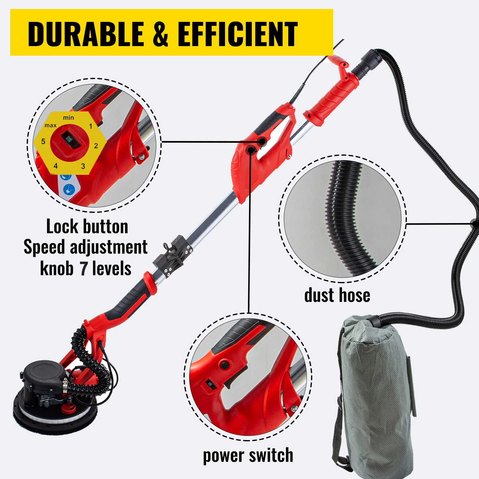 SucceBuy 850W Drywall Sander Variable Speed 800-1750RPM Electric Drywall Sander Foldable Sheetrock Sander with Telescope Handle