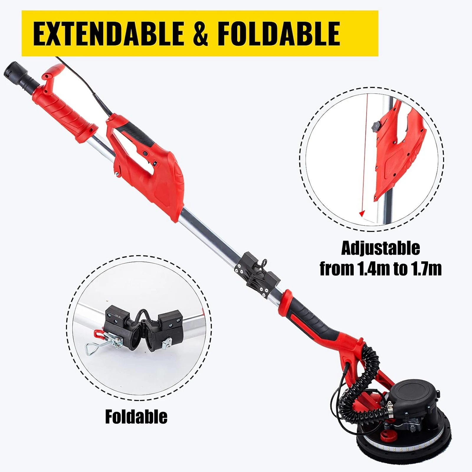 SucceBuy 850W Drywall Sander Variable Speed 800-1750RPM Electric Drywall Sander Foldable Sheetrock Sander with Telescope Handle
