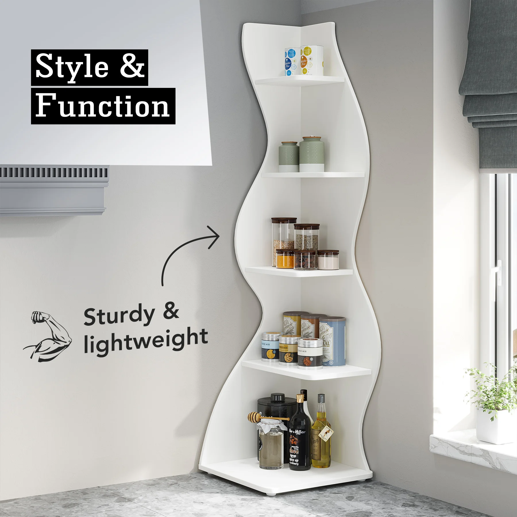 Tribesigns Modern 5-Tier Wall Corner Bookshelf, Stylish Corner Small Bookcase Storage Rack Plant Stand with Unique