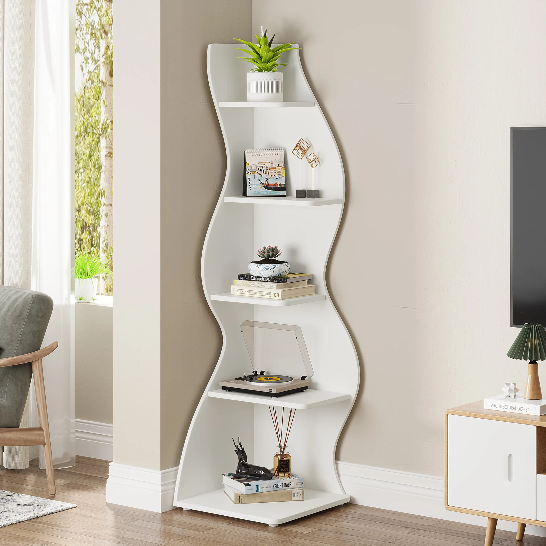 Tribesigns Modern 5-Tier Wall Corner Bookshelf, Stylish Corner Small Bookcase Storage Rack Plant Stand with Unique