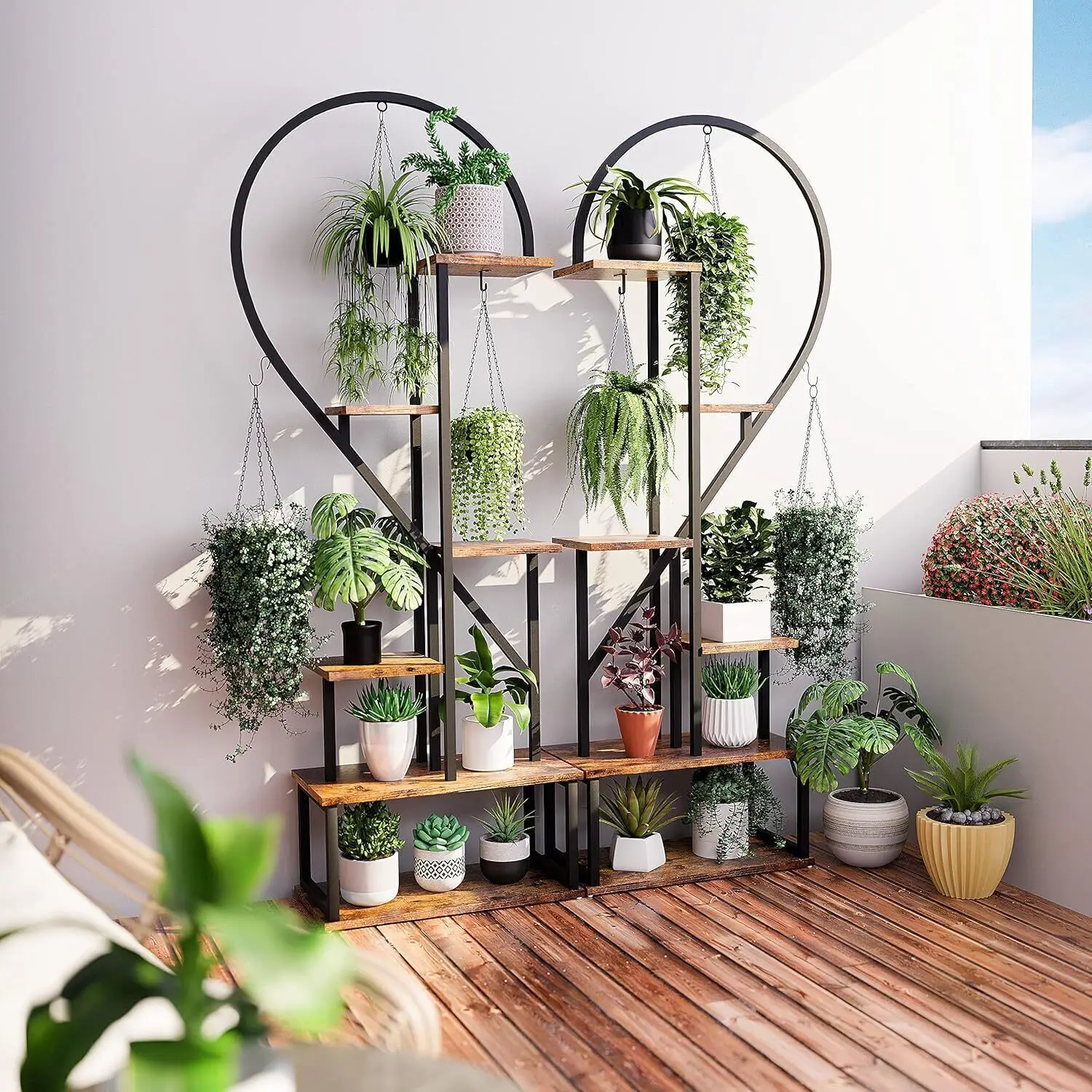 6 Tier Wood and Metal Plant Display Rack Stand Heart Shaped Storage Shelf with Grow Lights