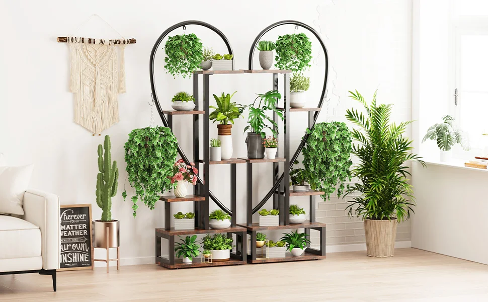 6 Tier Wood and Metal Plant Display Rack Stand Heart Shaped Storage Shelf with Grow Lights