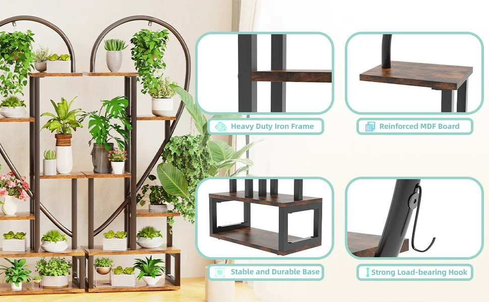 6 Tier Wood and Metal Plant Display Rack Stand Heart Shaped Storage Shelf with Grow Lights