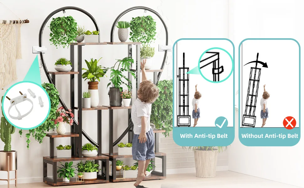 6 Tier Wood and Metal Plant Display Rack Stand Heart Shaped Storage Shelf with Grow Lights