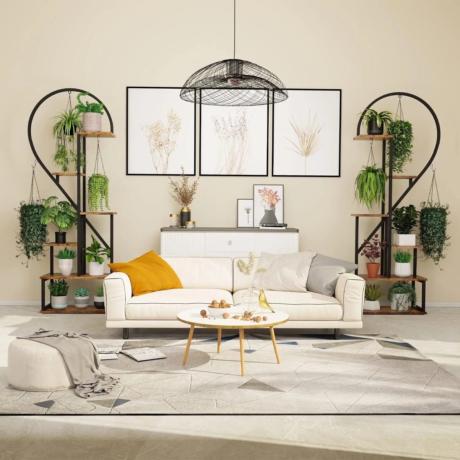 6 Tier Wood and Metal Plant Display Rack Stand Heart Shaped Storage Shelf with Grow Lights