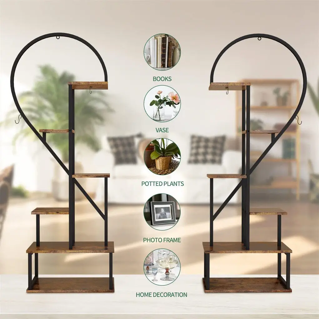 6 Tier Heart Shaped Plant Stand, Wood & Metal Flower Rack for Plants Display, Storage Shelf for Garden, Balcony, Living Room