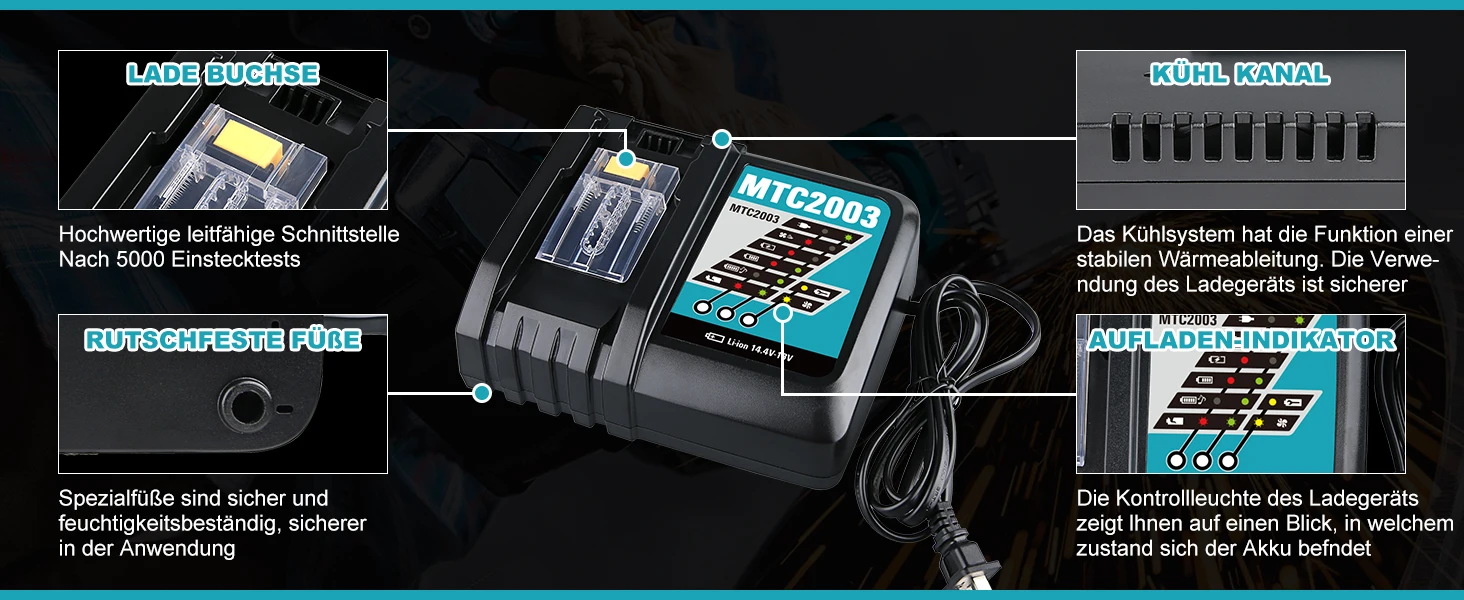 VANON DC18RC Rapid Car 14.4V-18V Battery Charger Replace for Makita BL1850 BL1840B BL1820 BL1815 BL1890 Cordles Tool Battery pin