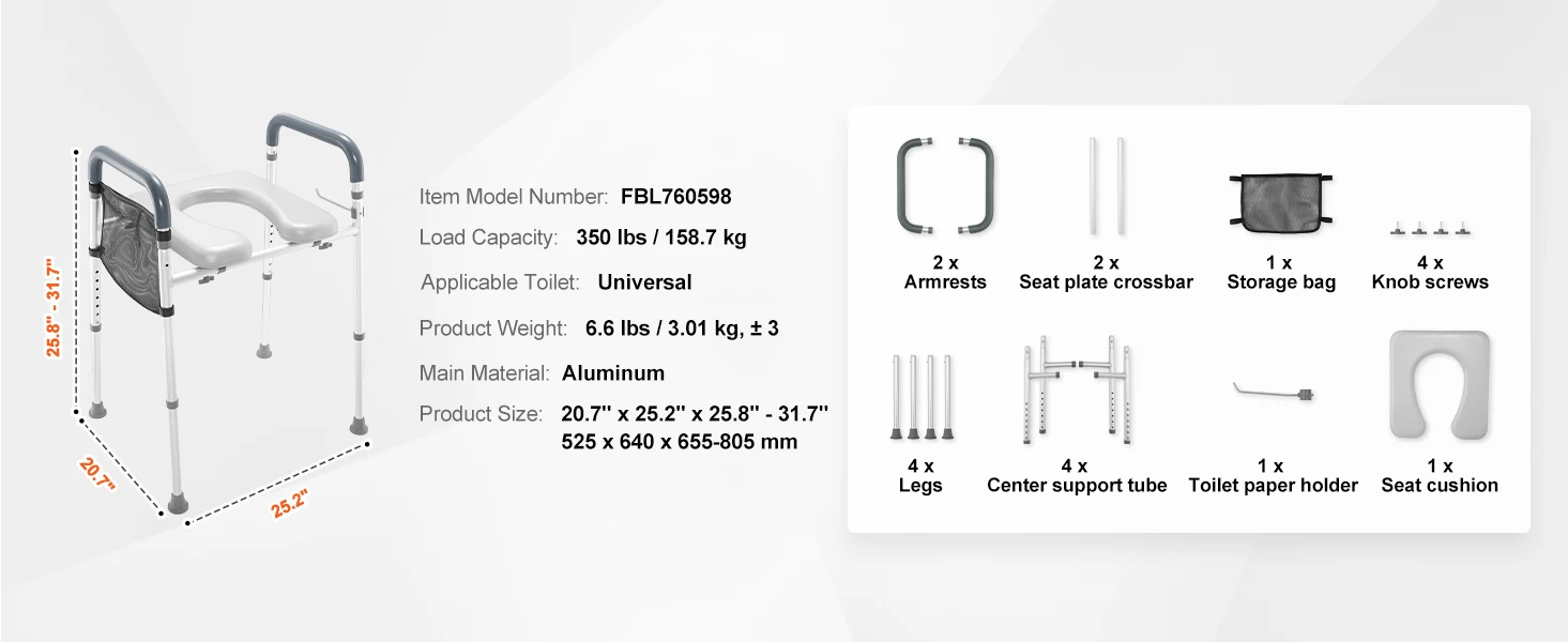SucceBuy Raised Toilet Seat 7-Position Height Adjustment 19.3"- 25.2" 350 lbs Weight Capacity with Comfort Padded Aluminum Frame