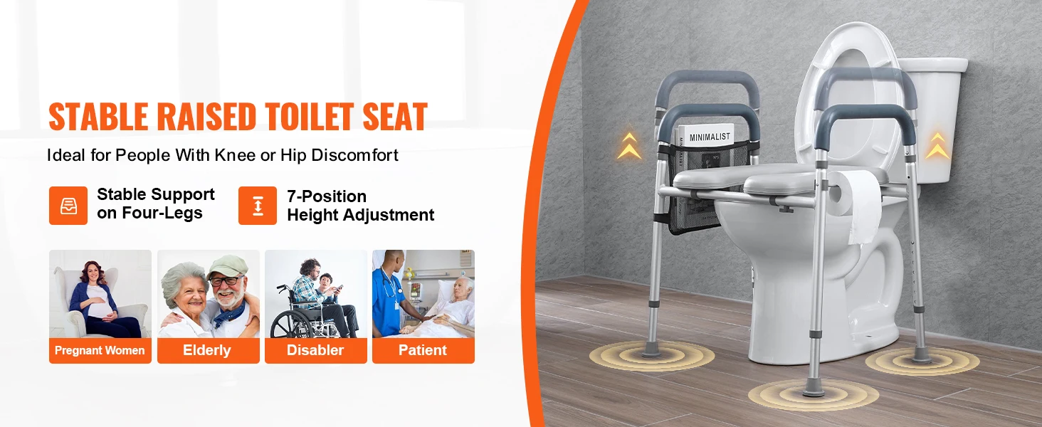 SucceBuy Raised Toilet Seat 7-Position Height Adjustment 19.3"- 25.2" 350 lbs Weight Capacity with Comfort Padded Aluminum Frame