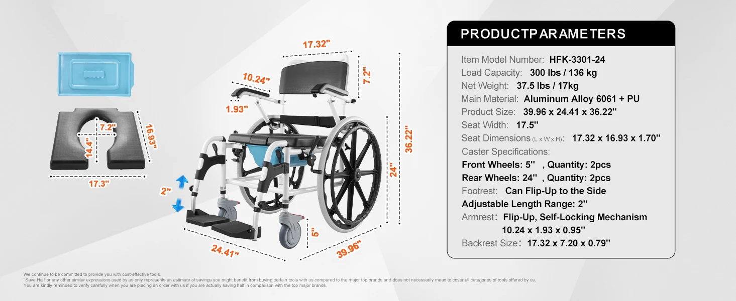 SucceBuy Shower Wheelchair 17.5 in Bathroom Wheelchair for Inside Shower Adjustable Rolling Shower Chair for Disabled Adult