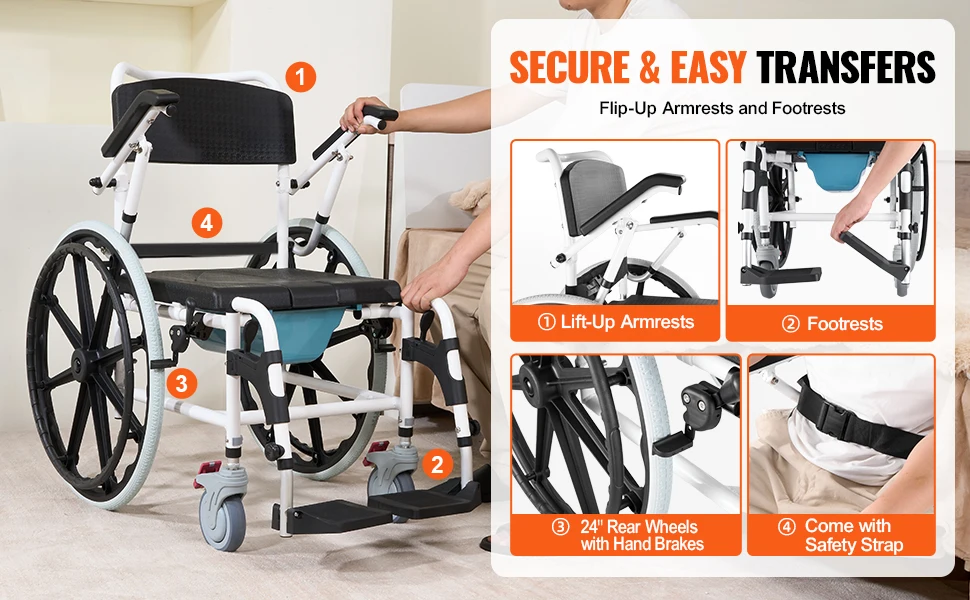 SucceBuy Shower Wheelchair 17.5 in Bathroom Wheelchair for Inside Shower Adjustable Rolling Shower Chair for Disabled Adult