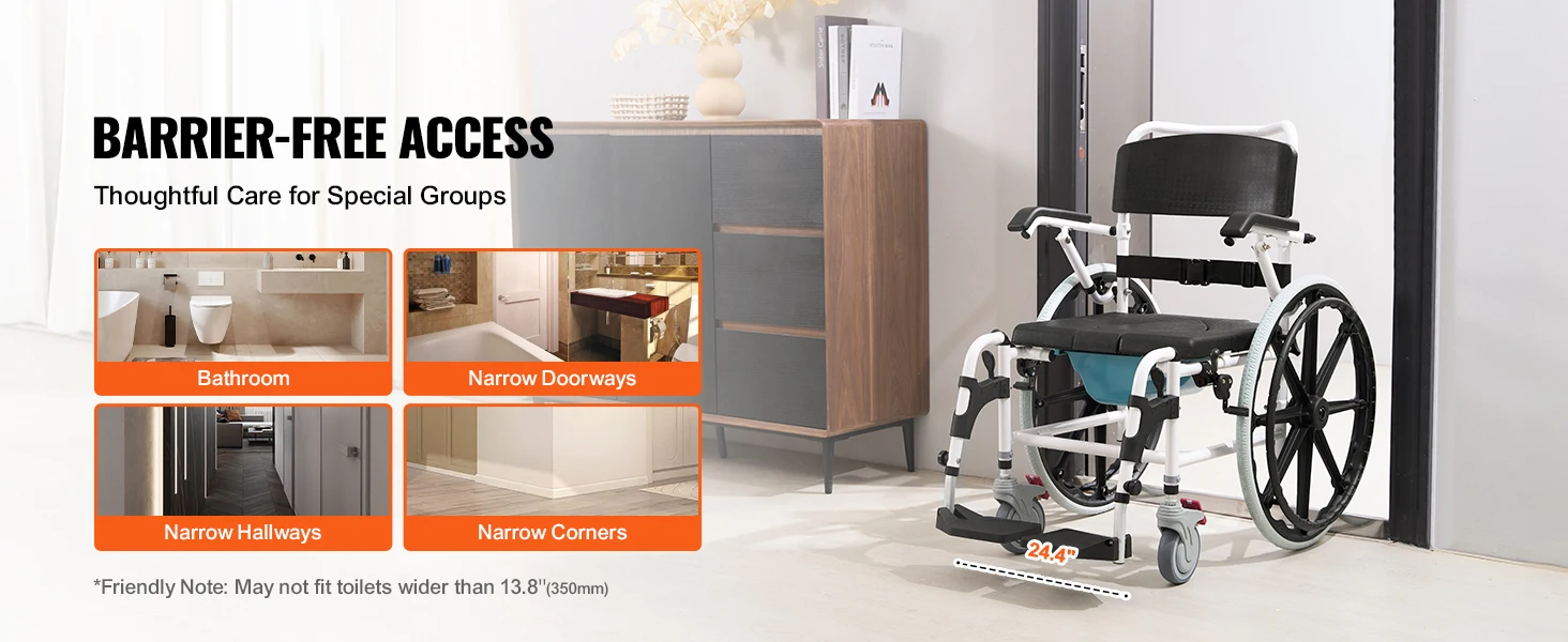 SucceBuy Shower Wheelchair 17.5 in Bathroom Wheelchair for Inside Shower Adjustable Rolling Shower Chair for Disabled Adult