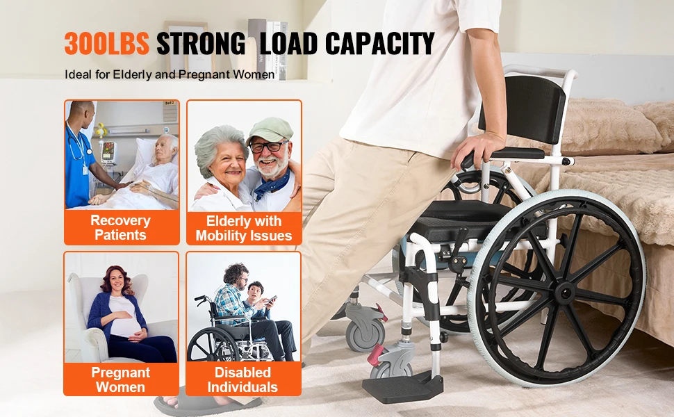 SucceBuy Shower Wheelchair 17.5 in Bathroom Wheelchair for Inside Shower Adjustable Rolling Shower Chair for Disabled Adult
