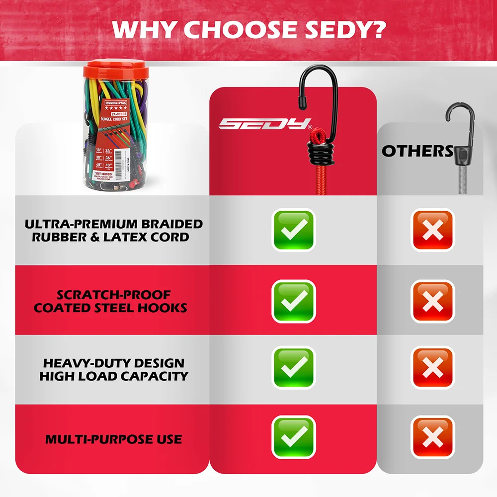 SEDY 24-Piece Heavy Duty Bungee Cords Set with Hooks, Assorted Sizes 10"-48" in Storage Jar, Ideal for Camping, Tents