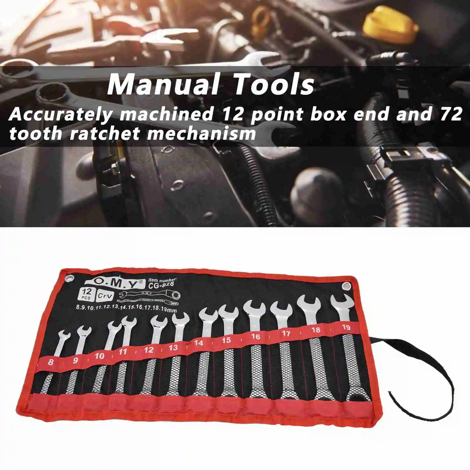 Manual Tools Ratchet Wrench Set Kit Metric Combination Chrome Vanadium Steel 8‑19mm with Storage Bag Ratchet Wrench Kit