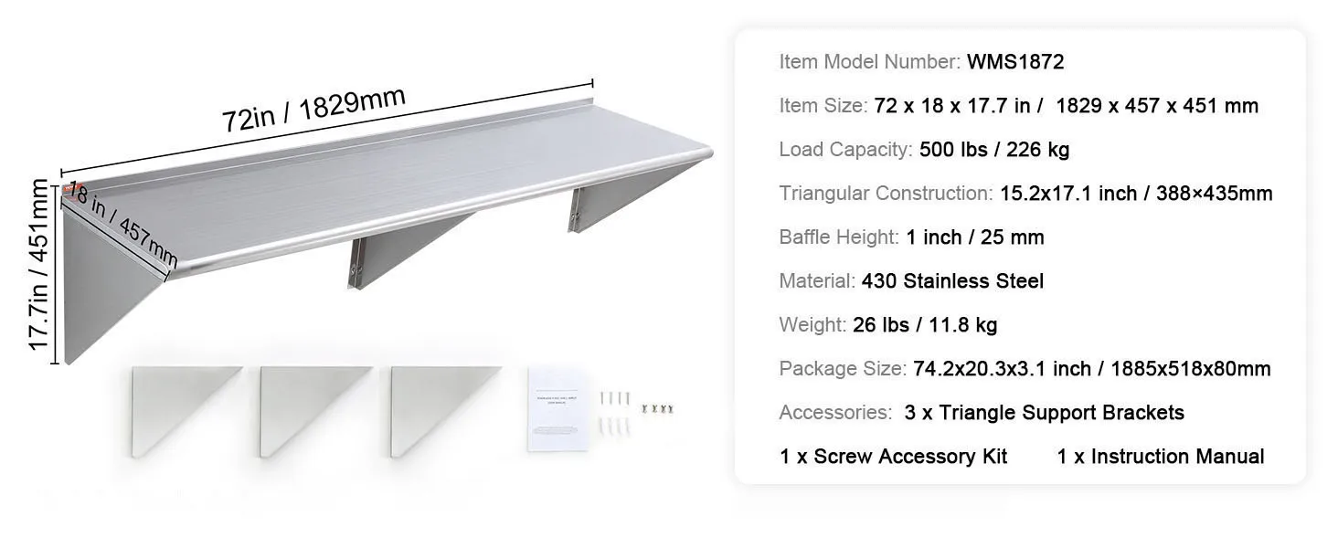 SucceBuy315/500lbs Stainless Steel Shelf Wall Mounted Floating Shelving W/Brackets Commercial Shelves for Kitchen Garage Home