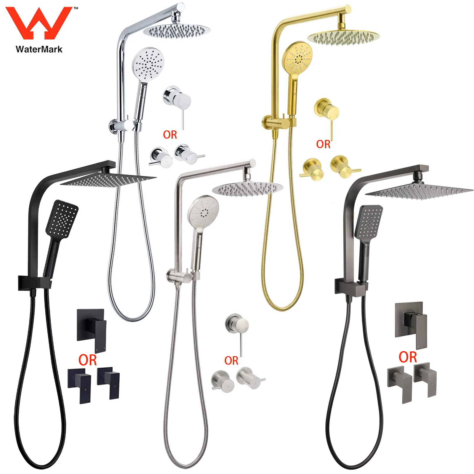 **Sydney Stock** KYLINS 2 In 1 Shower Head Set Round 8/10/12/16'' Rainfall Head Gooseneck Arm Mixer Taps Set Gun Metal Grey WELS