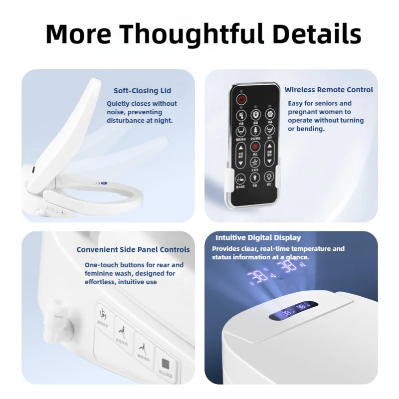 Smart Bidet Toilet Seat with Remote Control Heated Seat Instant Warm Water Antibacterial Nozzle Air Dryer for Bathroom Comfort